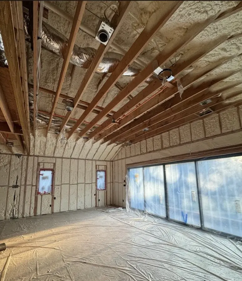 Interior walls and ceiling insulated with spray foam during new construction in Kuna